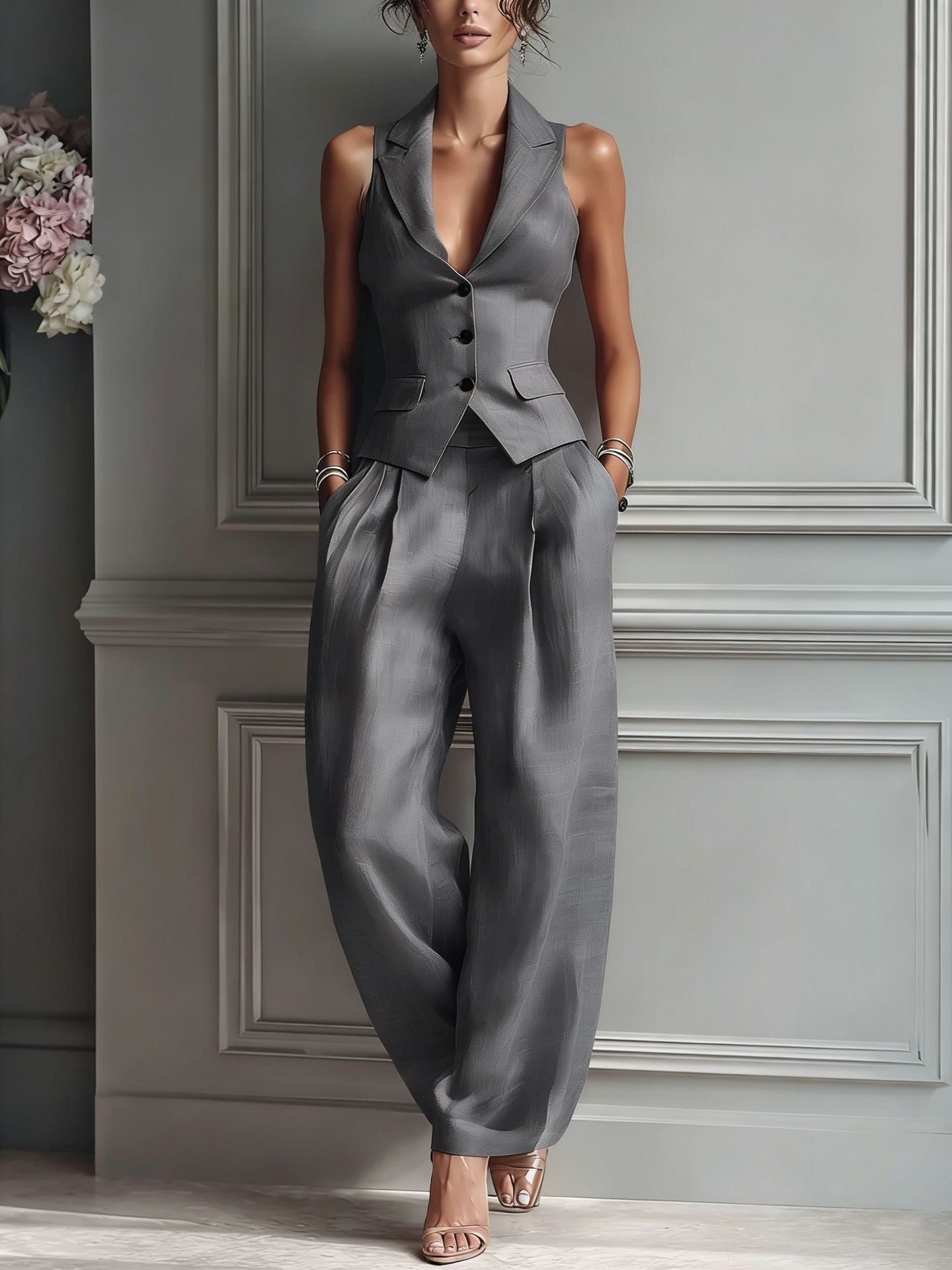 Completo da donna a due pezzi con scollo a V e bottoni.